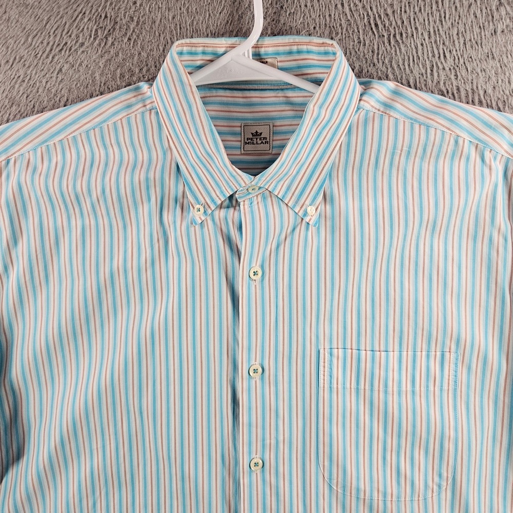 Peter Millar Mens XL Short Sleeve Button Down Shirt Blue Orange Striped Cotton